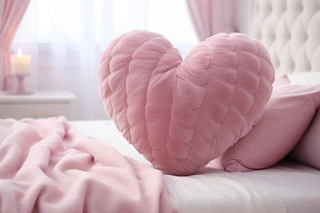 primo piano soffice cuscino rosa a forma di cuore su un letto bianco in una camera da letto romantica e accogliente