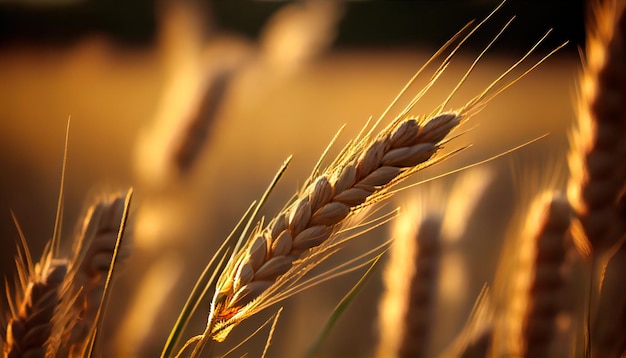 Primo piano spighe di grano dorato nel prato di grano con luce brillante e sfondo blu cielo IA generativa