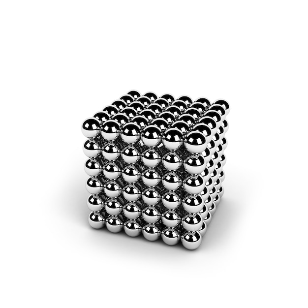 Primo piano su sfere metalliche magnetiche a forma di cubo isolato