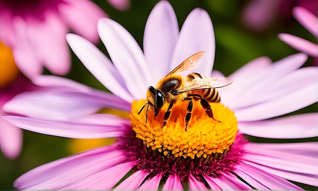 Primo piano su un'ape che si nutre di un fiore di lavanda