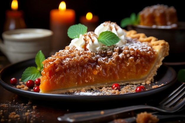 Primo piano su un pezzo di torta di zucca con crema e delizioso dessert con foglie di menta per il Ringraziamento