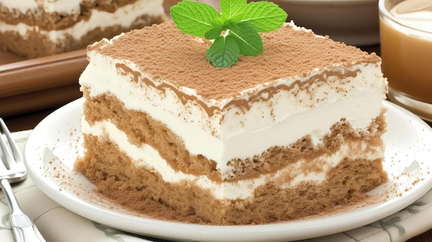 Primo piano su una porzione di tiramisù gourmet Dolce italiano condito con un rametto di menta