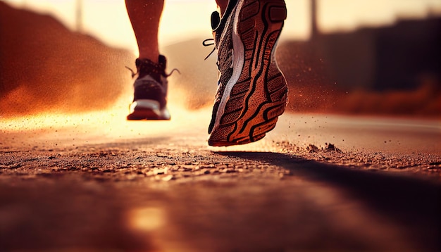 Primo piano sui piedi dell'atleta runner che corrono su strada sotto la luce del sole al mattino IA generativa