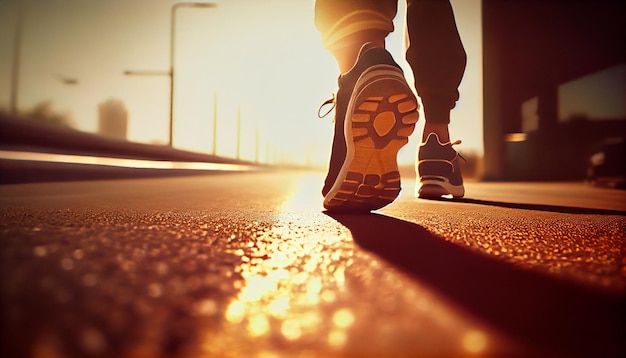 Primo piano sui piedi dell'atleta runner che corrono su strada sotto la luce del sole al mattino IA generativa