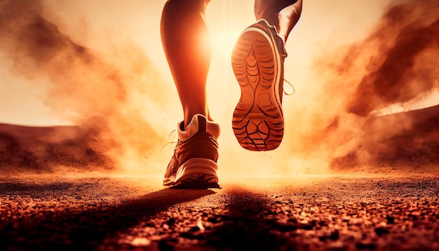 Primo piano sui piedi dell'atleta runner che corrono su strada sotto la luce del sole al mattino IA generativa