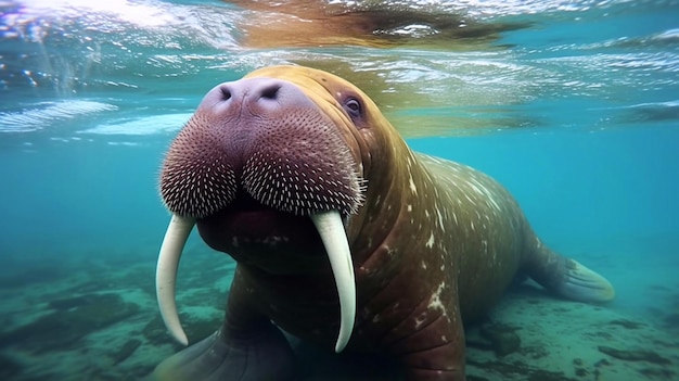 Primo piano sul tricheco delle Svalbard con zanne