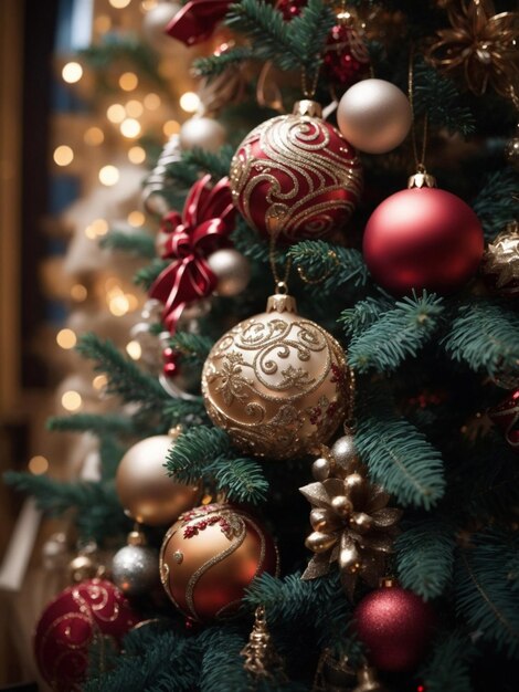 Primo piano sull'albero di Natale splendidamente decorato