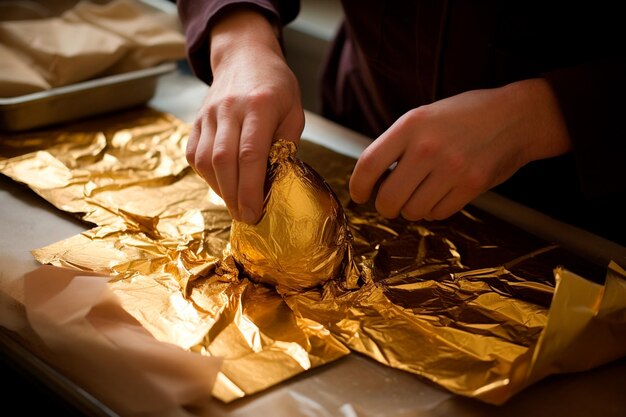 Primo piano sulla lavorazione artigianale dei cioccolatini pasquali con cioccolato fuso e ripieni irresistibili