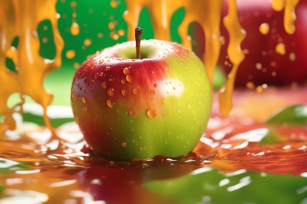 Primo piano sulla mela schizzata in sfondo colorato