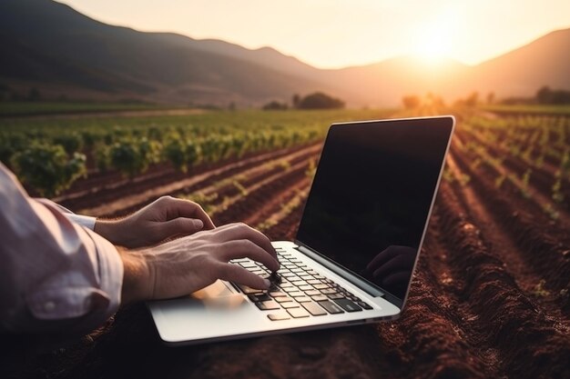 primo piano sulle mani di un contadino che usa un computer portatile digitale nel campo agricolo in autunno