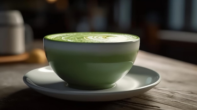Primo piano tazza di tè verde matcha latte in tazza bianca con latte in polvere art