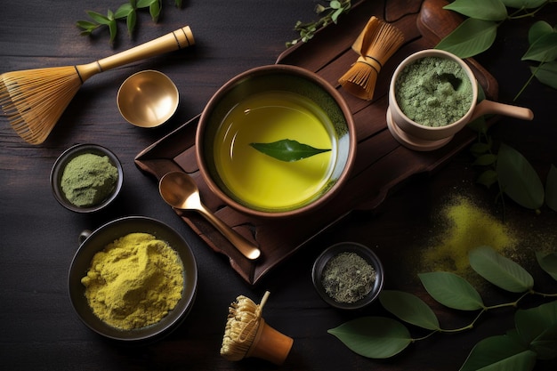 Primo piano tazza di tè verde matcha latte in tazza bianca con tè caldo in polvere latte art IA generativa