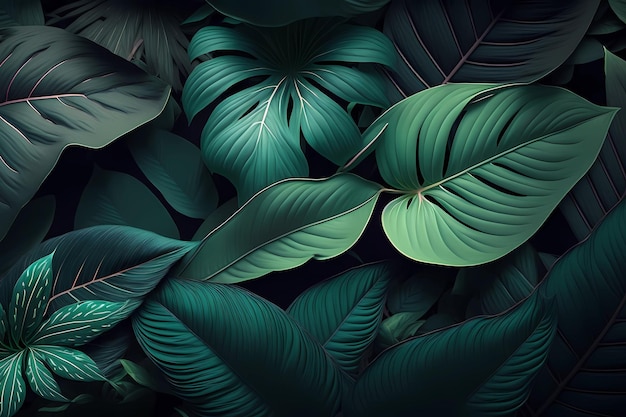 Primo piano tropicale, foglie verde scuro sfondo. Vegetazione lussureggiante e fantastica, generata dall'intelligenza artificiale