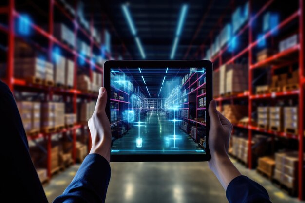Primo piano un addetto al magazzino che tiene in mano un tablet controlla lo stock di prodotti sugli scaffali IA generativa