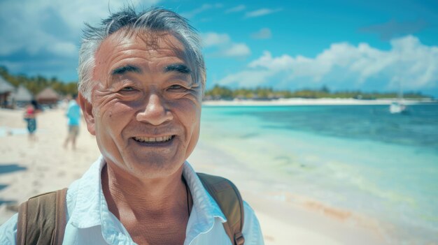 primo piano un uomo cinese sorridente maturo che cammina sulla spiaggia