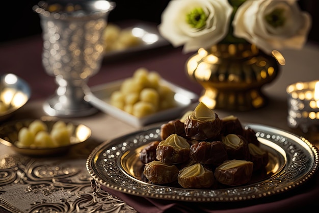 Primo piano varietà di tavolo con cibo arabo durante il pasto iftar su ramadan AI generato