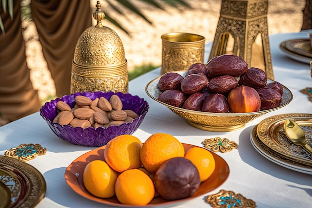 Primo piano varietà di tavolo con cibo arabo durante il pasto iftar su ramadan AI generato