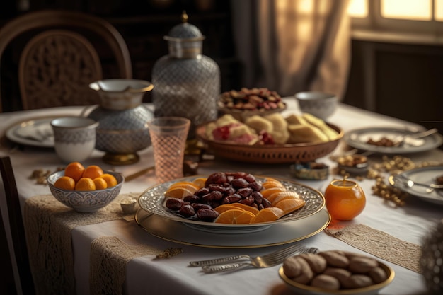Primo piano varietà di tavolo con cibo arabo durante il pasto iftar su ramadan AI generato