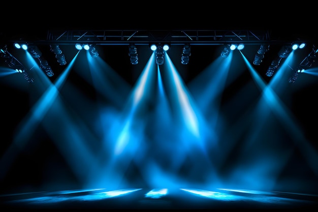 Primo piano vibrante del palco con luci blu e riflettori per eventi dinamici o