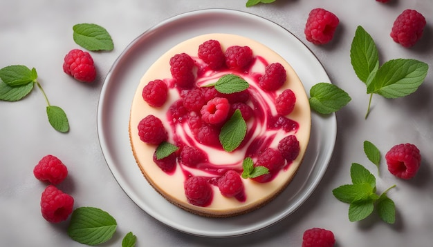 Primo piano vista dall'alto della cheesecake al lampone con foglie di menta su piastra bianca Spazio copia