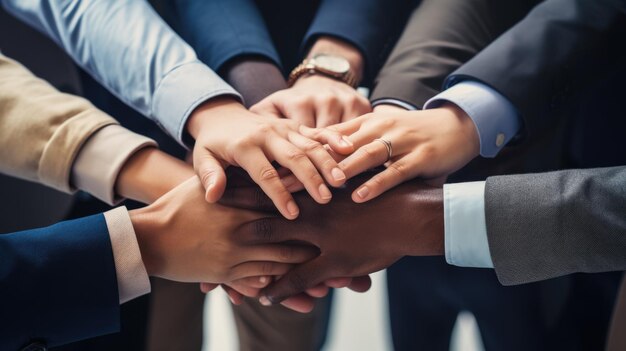 Primo piano vista dall'alto di giovani uomini d'affari che mettono insieme le mani Pila di mani Concetto di unità e lavoro di squadra