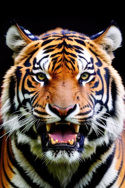 Primo piano vista frontale ritratto di tigre ruggente IA generativa