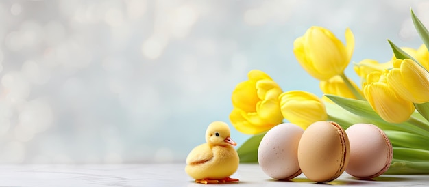 Primo piano vista laterale delle uova di tulipani gialli e un set di pulcini di amaretti pasquali su uno sfondo di marmo