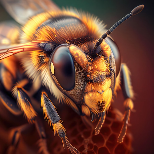 Primo piano vista macro della bella ape mellifera sul nido d'ape