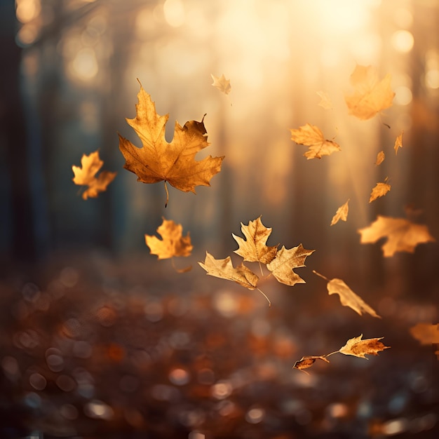 Primo piano vivace delle foglie autunnali che cadono con retroilluminazione vibrante dall'ora d'oro del sole al tramonto Foglie autunnali volanti sullo sfondo della foresta bokeh Autunno sfondo sfocato AI