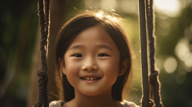 Primo piano volto sorridente giovane ragazza asiatica che gioca su un'altalena felicità infanzia libertà vitalità divertimento all'aria aperta luce solare spensierata Generative AI AIG20