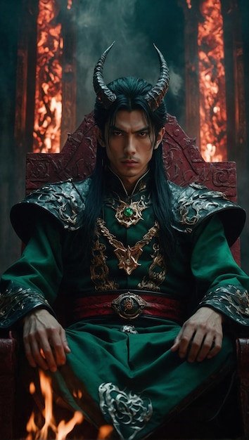 Principe demoniaco en anime en trono con llamas esmeralda ojos de furia piel con runas carmesi