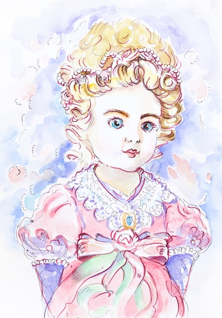 Principessa carina. illustrazione dell'acquerello della bambina