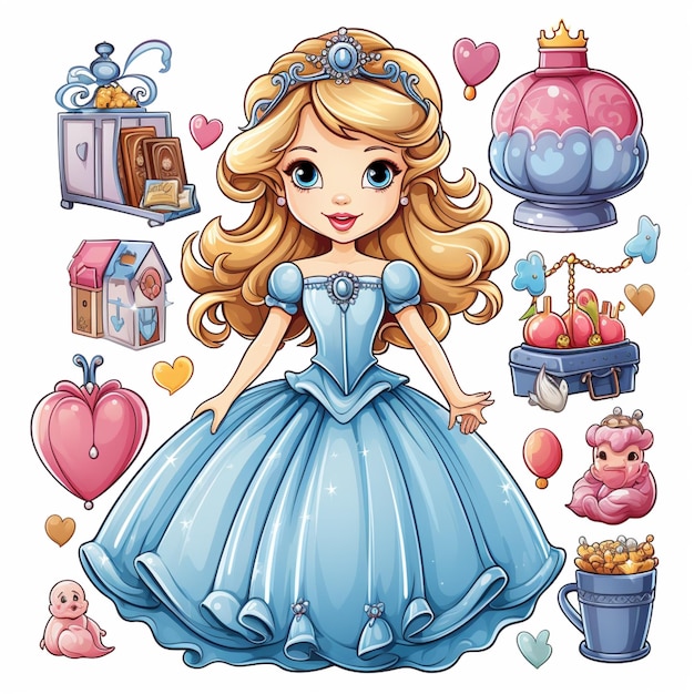 principessa dei cartoni animati con vari oggetti per il suo compleanno generativo ai