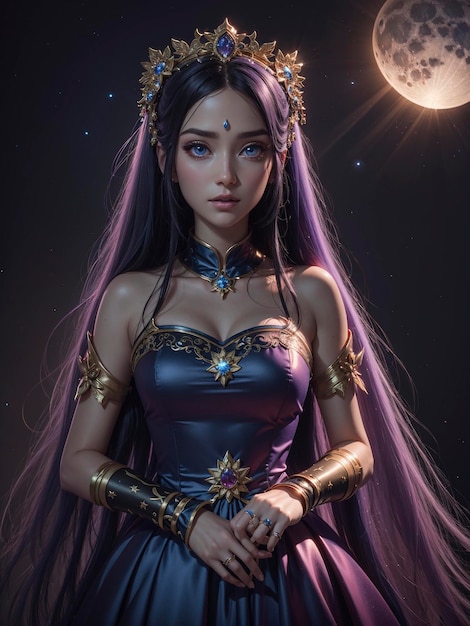 Principessa della luna in stile pixar e lunghi capelli lisci, occhi bellissimi che indossano un vestito