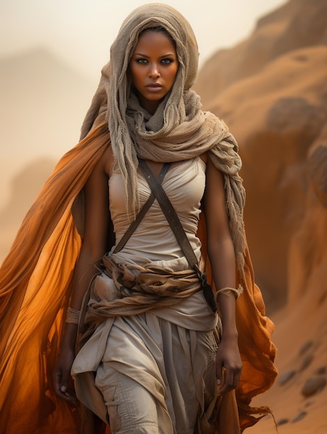 Principessa di Persia sabbia del deserto giovane ragazza attraente in abiti tradizionali in autentico look penetrante hijab