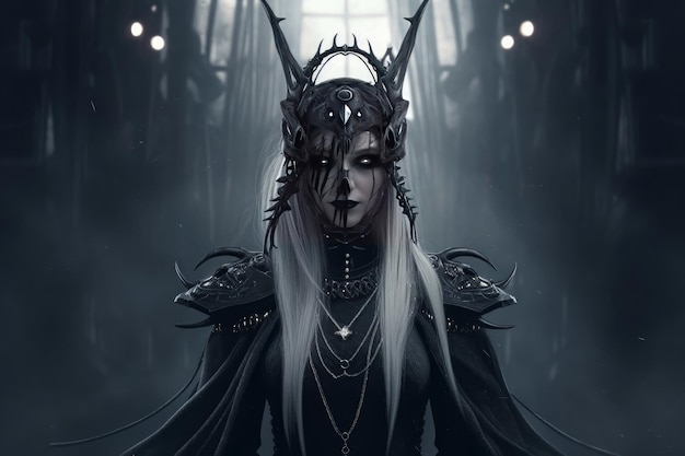 Principessa gotica scura con lunghi capelli bianchi in un mantello nero su sfondo scuro AI generativa