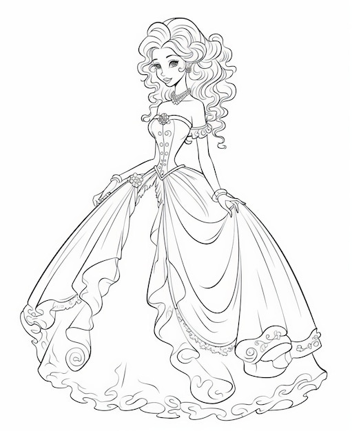 Principessa in un bel vestito Illustrazione vettoriale per libro da colorare