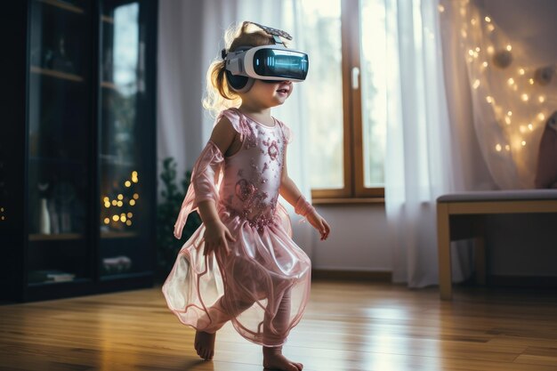 Principessa ragazza che indossa l'auricolare VR utente mondo surreale e realtà virtuale campi di fiori colorati IA generativa