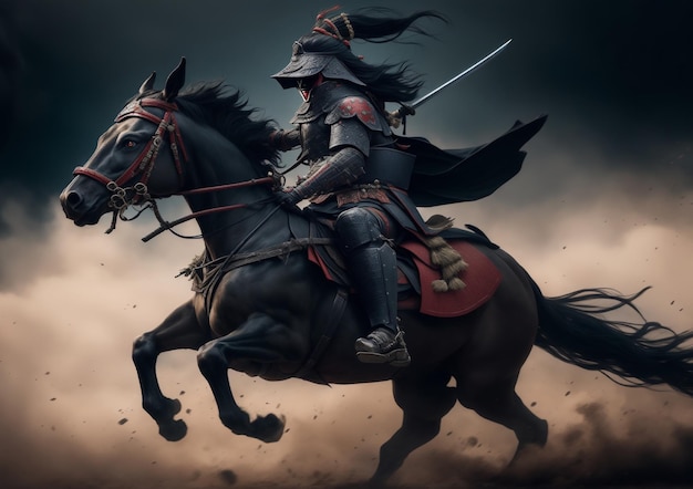 PrintUn samurai sta cavalcando il suo cavallo verso il campo di battaglia Generative AI