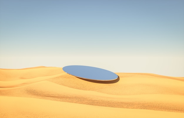 Priorità bassa astratta del deserto con il contesto del podio dello specchio. Rendering 3D.