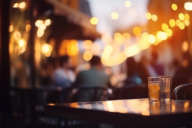 Priorità bassa del bokeh del ristorante della birra della barra della via all'aperto