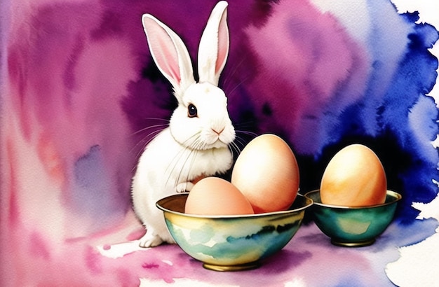 Priorità bassa dell'acquerello Coniglietto di Pasqua Uova Natura Buona festa di Pasqua celebrazione AI generato