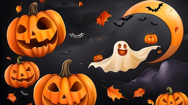 Priorità bassa dell'acquerello di Halloween con fantasma e zucche