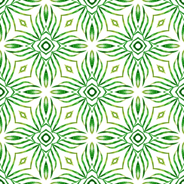 Priorità bassa dell'acquerello piastrellato. Design estivo boho chic insolito verde. Stampa straordinaria pronta per tessuti, tessuto per costumi da bagno, carta da parati, involucro. Bordo ad acquerello piastrellato dipinto a mano.