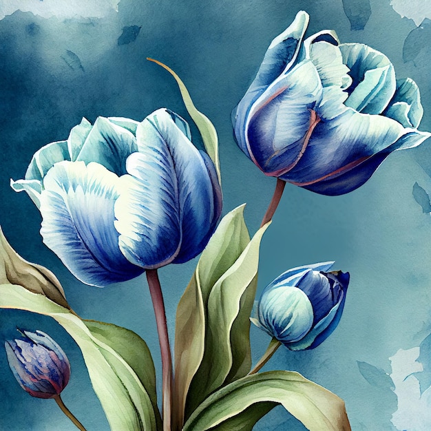 Priorità bassa della cartolina d'auguri dei fiori del tulipano blu dell'acquerello AI generativa