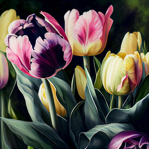Priorità bassa della cartolina d'auguri dei fiori del tulipano dell'acquerello AI generativa