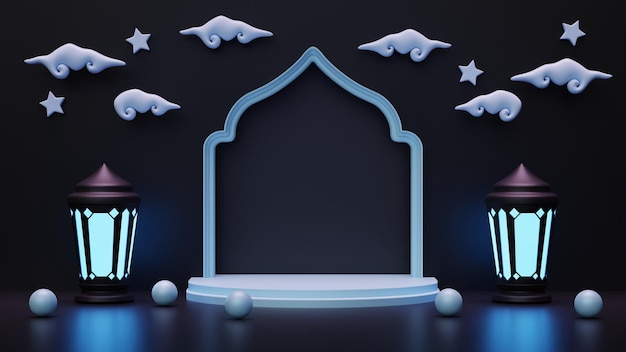 Priorità bassa della decorazione islamica con lo spazio della copia della nuvola della lanterna della cornice della finestra araba del podio dell'illustrazione 3d