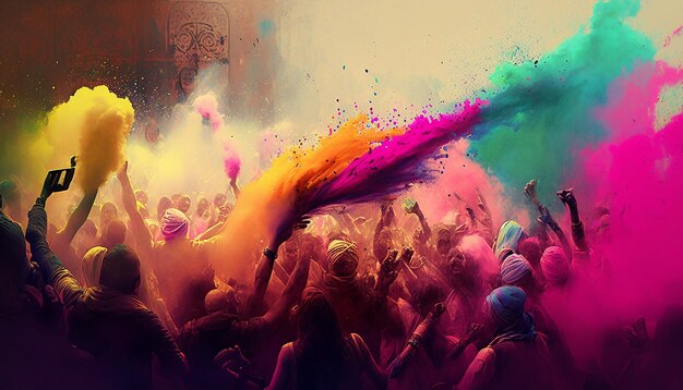 Priorità bassa della folla del partito di Holi, persone ricoperte di polvere colorata, ai generativa