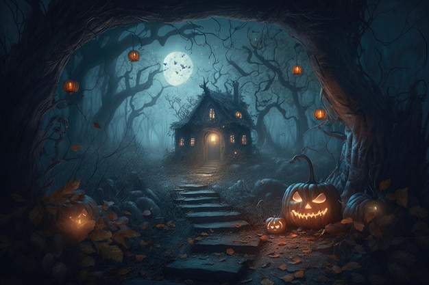 Priorità bassa della foresta di Halloween Illustrazione AI Generativo