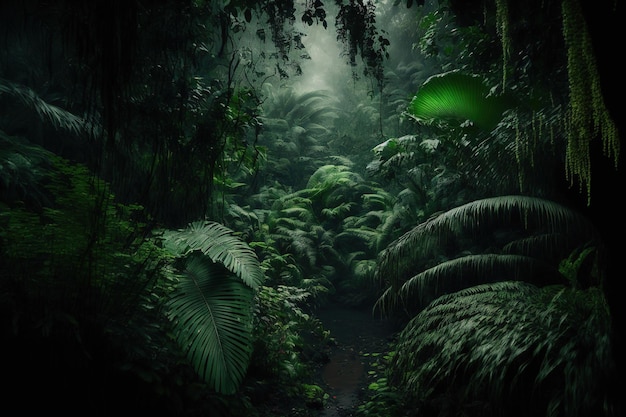 Priorità bassa della giungla tropicale di notte Foresta pluviale atmosferica